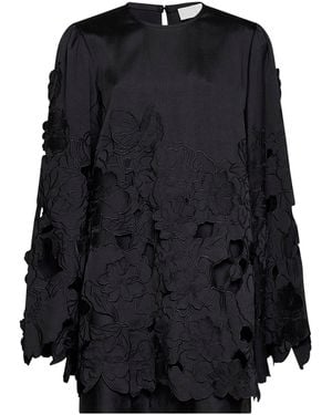 Costarellos Floral-Cut Embroidery Claudie Satin Tunic Mini Dress - Black