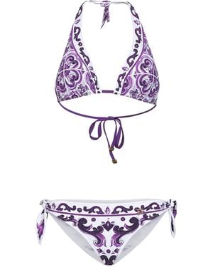 Dolce & Gabbana Bikini A Triangolo Stampa Maiolica - Bianco