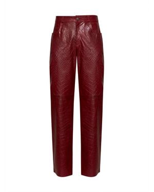 FERMAS Burgundy Crocodile-Embossed Leather Straight Trousers - Red