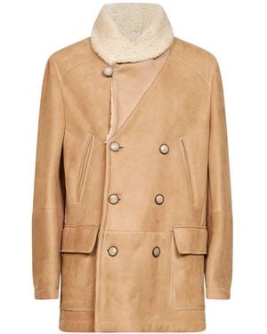 Brunello Cucinelli Shearling Double-Breasted Aviator Jacket - Natural