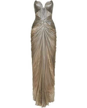 IRIS SERBAN Silk Metallic Tulle Cleopatra Column Long Dress - Natural