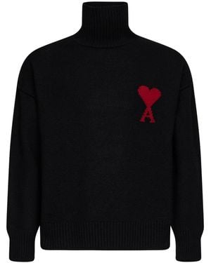 Ami Paris Felted Merino Wool Knit Ami De Cœur Sweater - Black