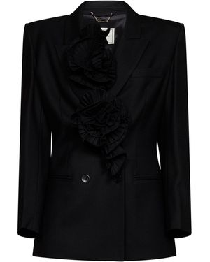 Blumarine Wool-Blend Double-Breasted Blazer With 3D Roses - Black