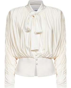 Self-Portrait Cream Jersey Gathered Tie Neck Top - White