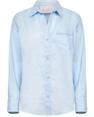 MC2 Saint Barth Light Linen Embroidered Crystal Shirt - Blue