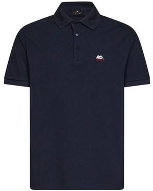 Etro Cotton Piqué Pegaso-Embroidered Polo Shirt - Blue