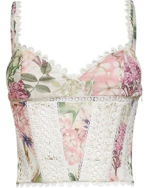 Charo Ruiz Cream Printed Cotton Blend And Lace Poppy Top - White