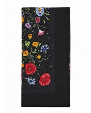 Gucci Floral Print Wool And Silk Scarf <Br - Black