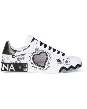 Dolce & Gabbana Hand-Painted Leather Portofino Low-Top Trainers - White