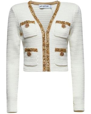 Self-Portrait Cream Knit Lurex Trim Cardigan - White