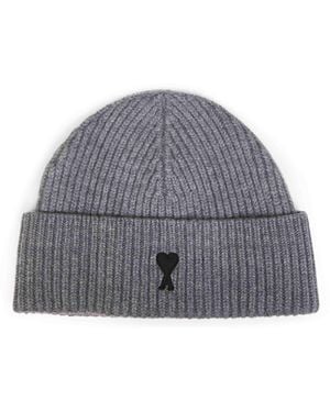 Ami Paris Heather Ribbed Felted Merino Wool Knit Ami De Coeur Beanie - Grey
