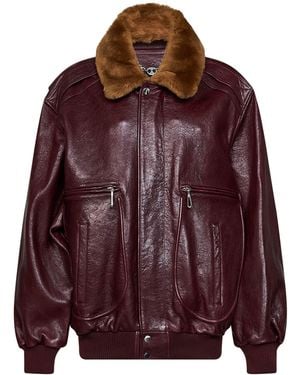Rabanne Burgundy Textured Calf Leather Bomber Jacket - Purple