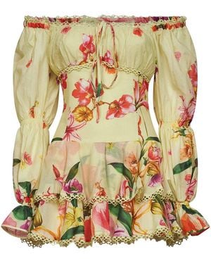 Charo Ruiz Floral-Print Cotton Azurea Off-The-Shoulder Mini Dress - Metallic