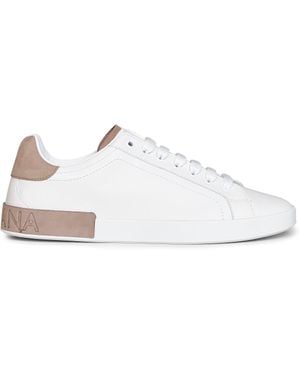 Dolce & Gabbana And Taupe Nappa Calfskin Leather And Nubuck Portofino Low-Top Trainers - White