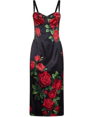 Dolce & Gabbana Dolce & Gabbana Rose-Print Stretch Satin Midi Bustier Dress - Red