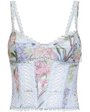 Charo Ruiz Light Printed Cotton Blend And Lace Poppy Top - Blue