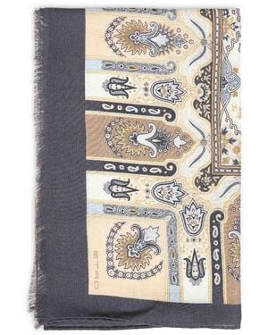 Etro Cream Wool And Silk Scarf With Floral Paisley Pattern - Gray