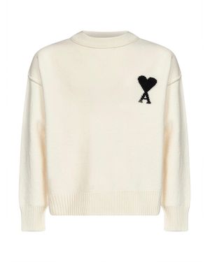 Ami Paris Ecru Felted Merino Wool Ami De Cœur Crewneck Sweater - White
