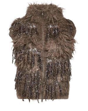 Brunello Cucinelli Dark Sequin-Embellished Long-Hair Knit Vest - Brown