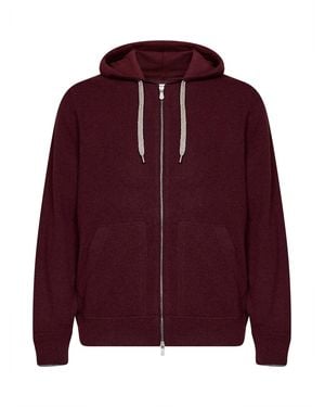 Brunello Cucinelli Burgundy Cashmere Knit Zip-Up Hoodie - Red