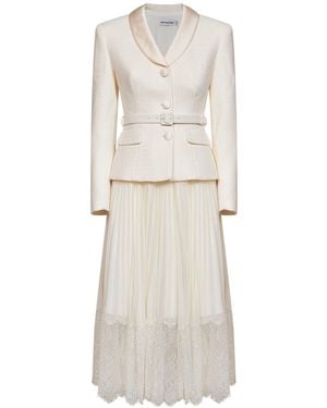 Self-Portrait Self Portrait Cream Georgette And Bouclé Belted Midi Dress - White
