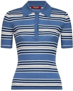 Max Mara Ribbed Knit Msttallero Striped Fitted Polo Shirt - Blue