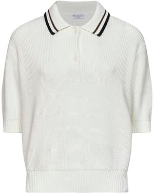 Brunello Cucinelli English Rib Stitch Knit Cotton Polo Shirt - White