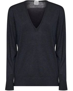 TOTEME Charcoal Melange Lyocell And Cashmere V-Neck Sweater - Blue