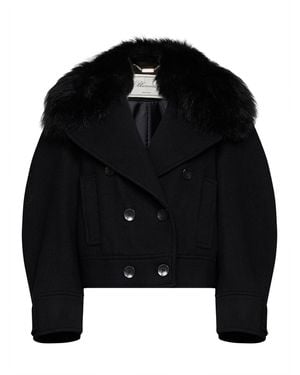 Blumarine Wool-Blend Short Pea Coat With Faux-Fur Collar - Black
