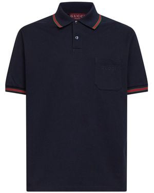 Gucci Dark Stretch Cotton Pique Embroidered Polo Shirt - Blue