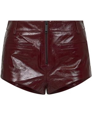 Self-Portrait Burgundy Nappa Leather Mini Shorts - Red