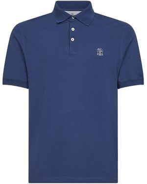 Brunello Cucinelli Avio Cotton Pique Logo Polo Shirt - Blue