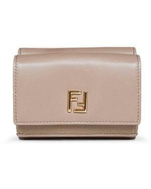 Fendi Taupe Grained Leather Mini Trifold Ff Wallet - Grey