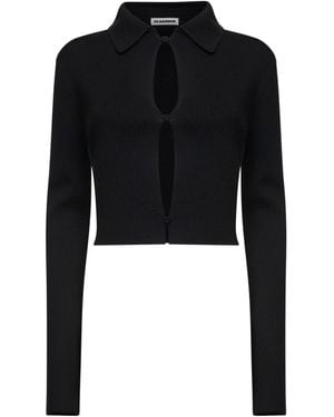 Jil Sander Merino Wool Cropped Cardigan With Cut-Outs - Black