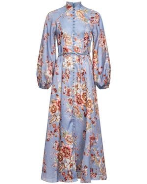 Zimmermann Light Floral Chambray Linen Awaken Midi Dress - White