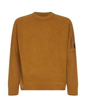C.P. Company Ochre Cotton Chenille Lens Crewneck Jumper - Brown