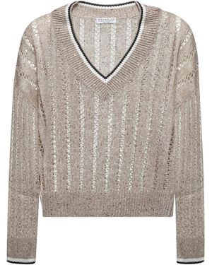 Brunello Cucinelli Linen Dazzling Ribbed Net Sweater - Gray