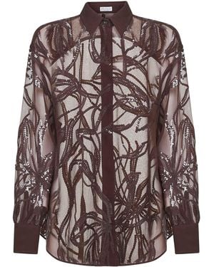 Brunello Cucinelli Burgundy Crispy Silk Dazzling Floral Embroidery Shirt - Brown