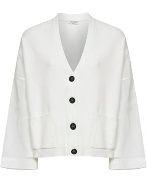 Brunello Cucinelli Ribbed Knit Cardigan With Organza Sleeves - White