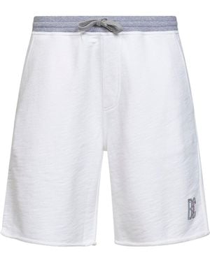 Brunello Cucinelli Cotton And Linen Melange Fleece Logo Bermuda Shorts - White