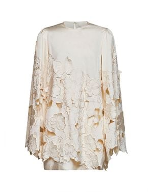 Costarellos Cream Floral-Cut Embroidery Claudie Satin Tunic Mini Dress - White