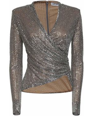 Self-Portrait Rhinestone-Embellished Mesh Wrap Top - Gray