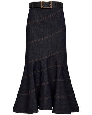 Self-Portrait Denim Belted Midi Skirt - Blue