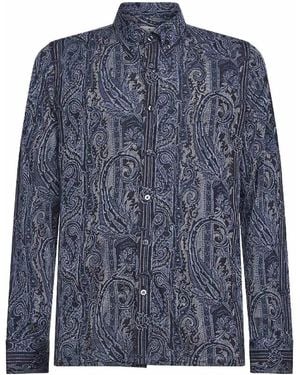 Etro Paisley-Pattern Jacquard Viscose Pique Shirt - Blue