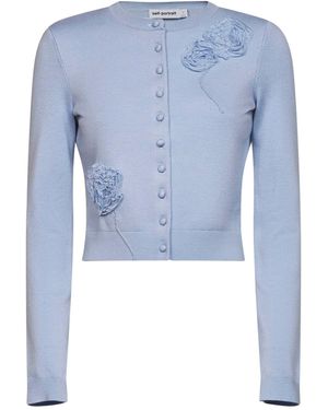 Self-Portrait Knit Cardigan With Flowers Detail - Blue