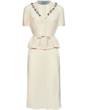 Prada Natural Marocain Embroidered Midi Dress - White