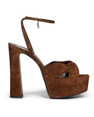 Saint Laurent Platform Sandals Franciane Dark Havana Suede - White