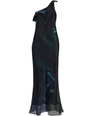 Giorgio Armani Printed Organza Long One-Shoulder Dress - Black