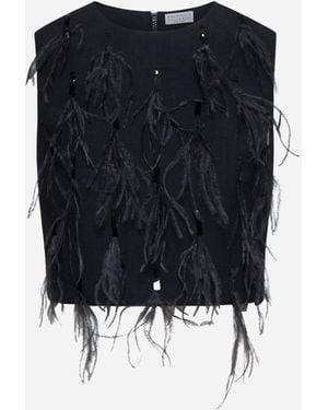 Brunello Cucinelli Black Tropical Luxury Wool Top With Dazzling Feather Embroidery