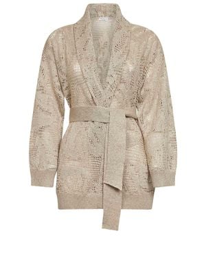 Brunello Cucinelli Embroidered Knit Belted Cardigan - Natural